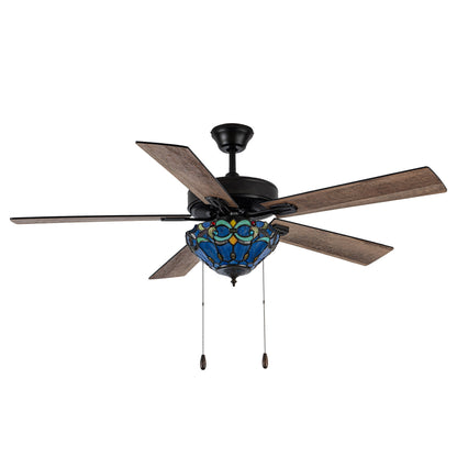 Ventilateur de plafond télécommandé à 3 lumières, 52 pouces, bronze huilé et vitrail, Della River of Goods