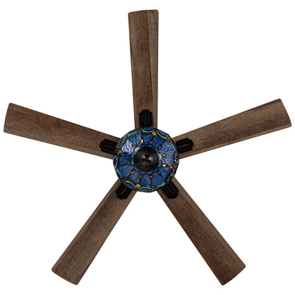 Ventilateur de plafond télécommandé à 3 lumières, 52 pouces, bronze huilé et vitrail, Della River of Goods