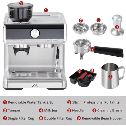 Cafetière expresso avec moulin, réservoir d'eau de 2,8 L