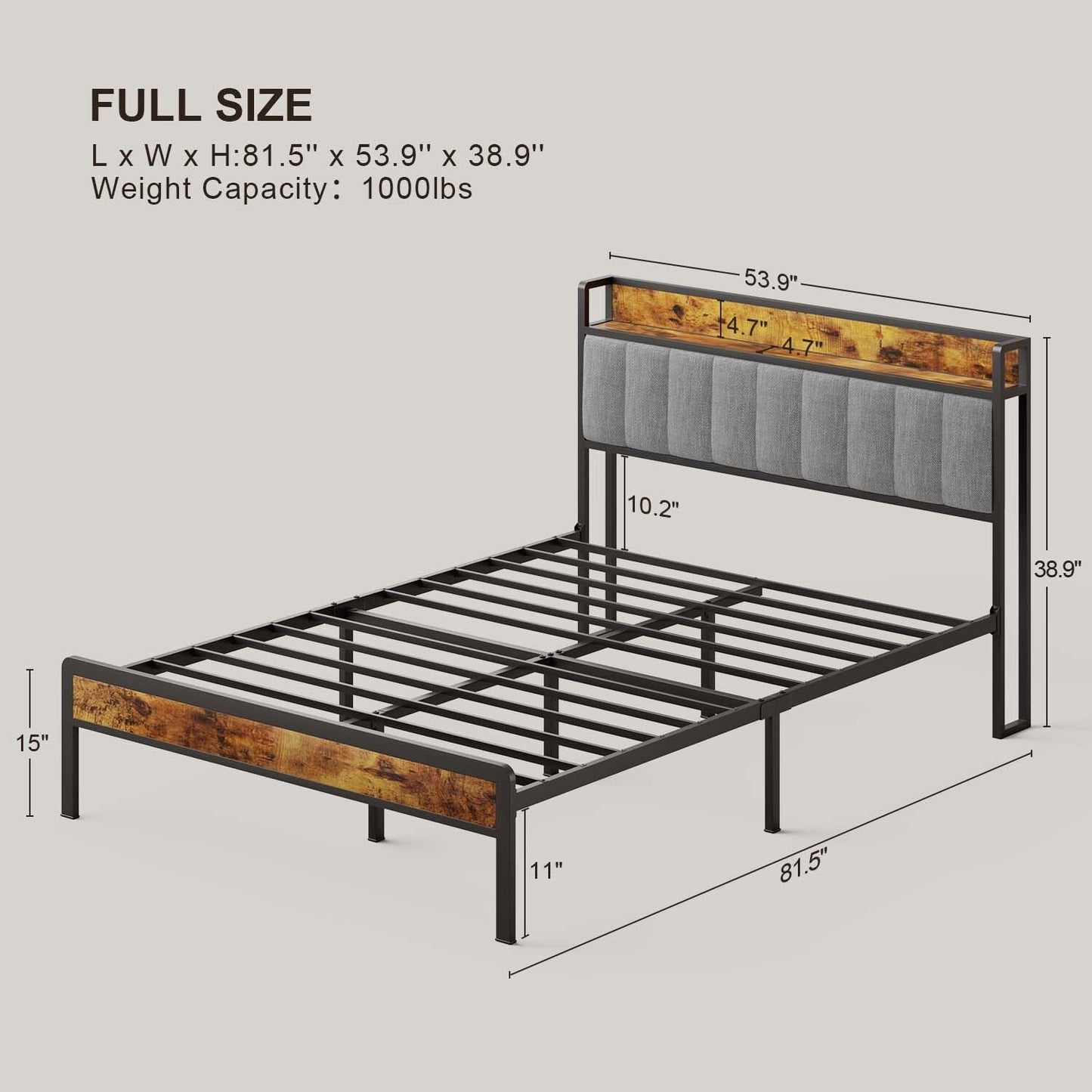 Cadre de lit plateforme en métal pour lit simple, double, queen ou king size avec tête de lit rembourrée et rangement