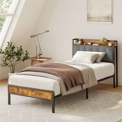 Cadre de lit plateforme en métal pour lit simple, double, queen ou king size avec tête de lit rembourrée et rangement