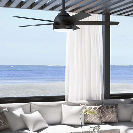 Ventilateur de plafond extérieur Hunter 52 Skyflow avec kit d'éclairage LED, commande murale - Côtier moderne contemporain - WeatherMax - CLASSÉ HUMIDE !