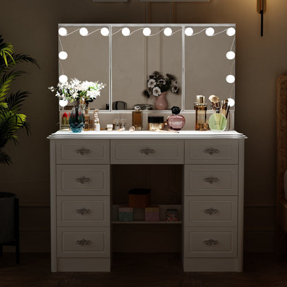 Miroir de maquillage pliable blanc moderne avec éclairage réglable - 40,2 x 54,1