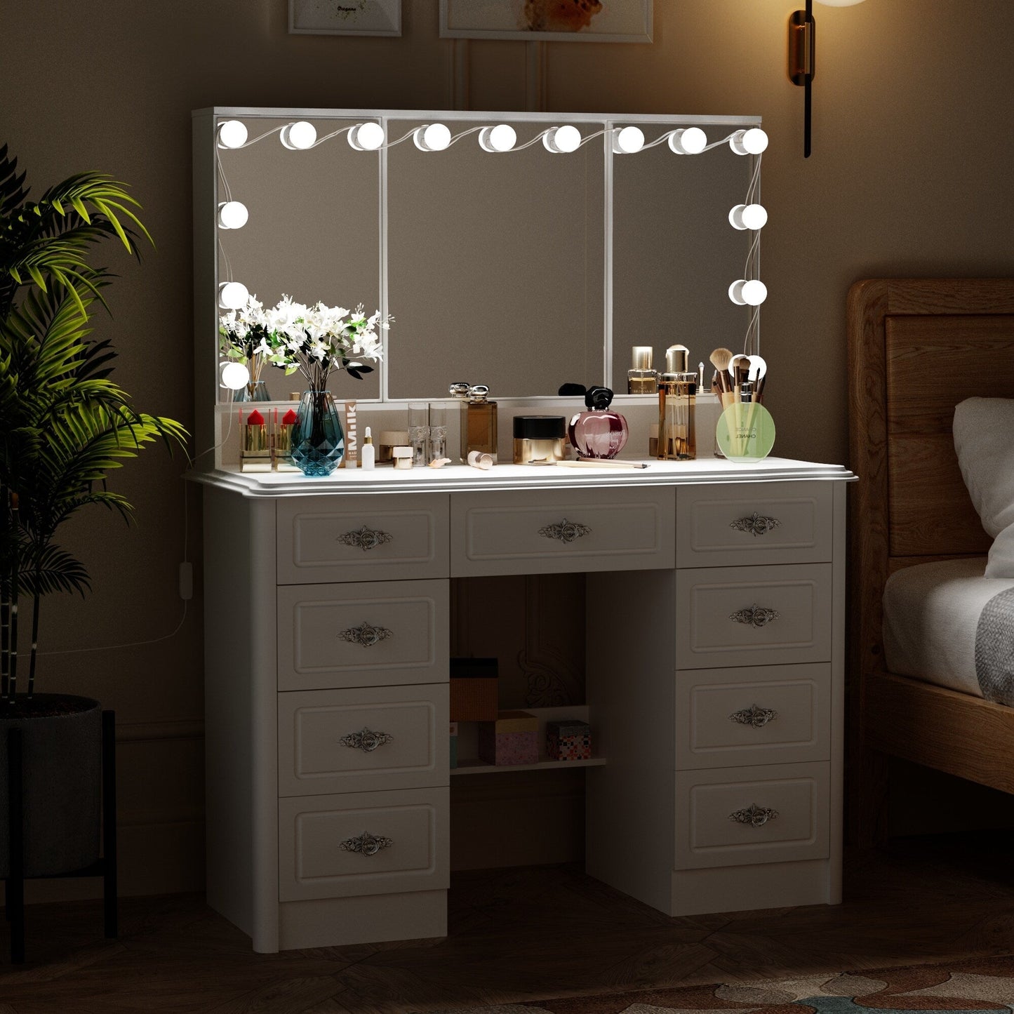Miroir de maquillage pliable blanc moderne avec éclairage réglable - 40,2 x 54,1