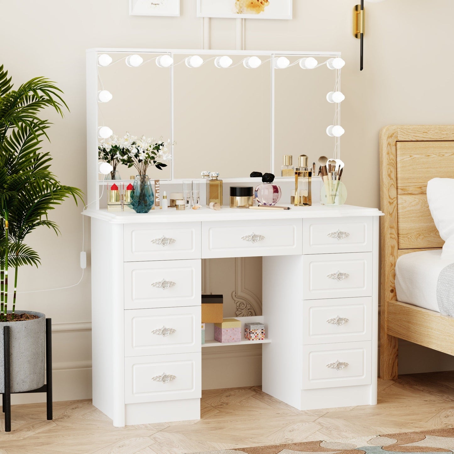 Miroir de maquillage pliable blanc moderne avec éclairage réglable - 40,2 x 54,1
