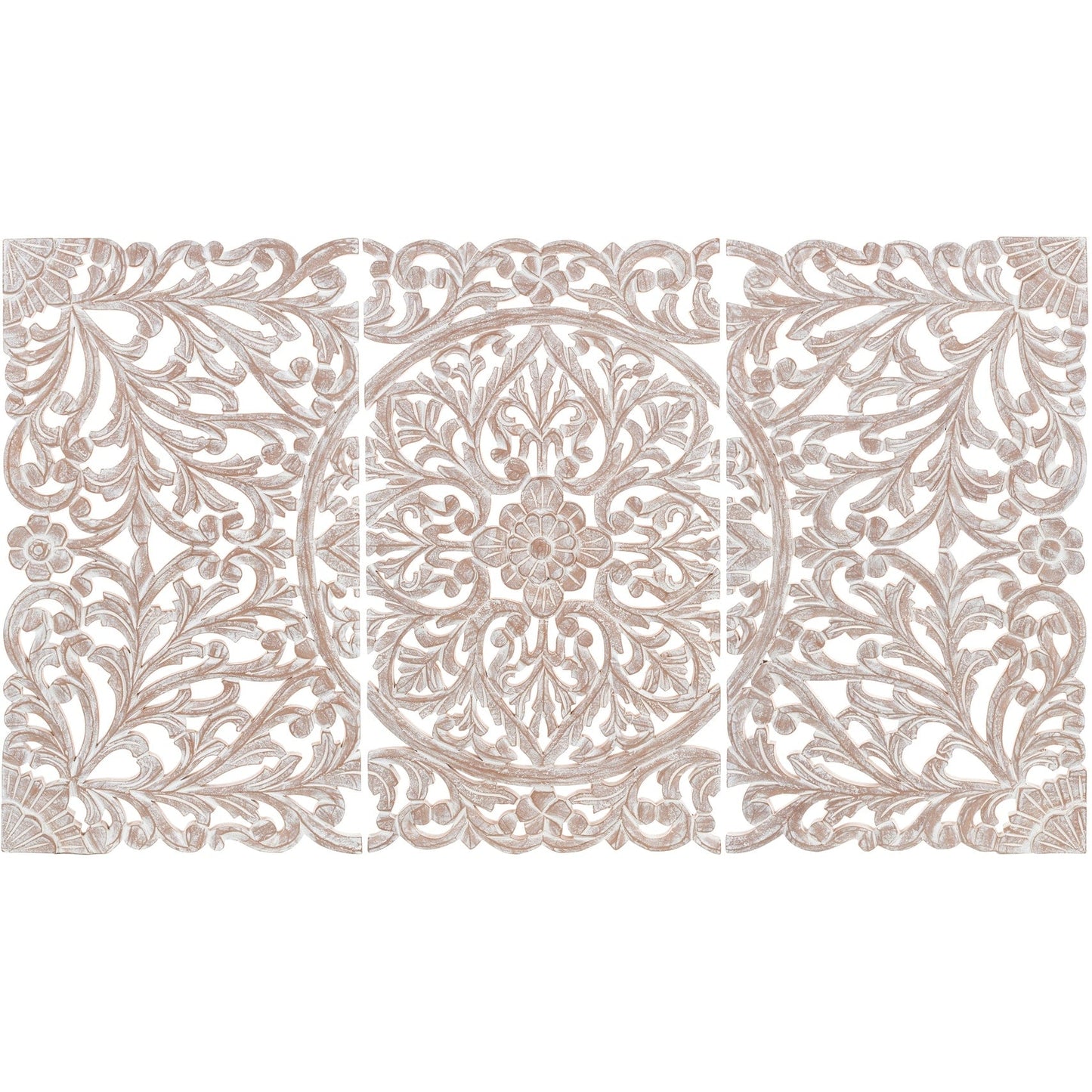 Décoration murale à 3 panneaux en bois naturel sculpté à la main Norma Floral 48 x 28 pouces