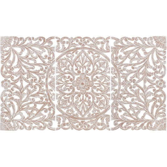 Décoration murale à 3 panneaux en bois naturel sculpté à la main Norma Floral 48 x 28 pouces