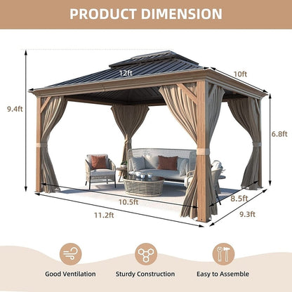 Tonnelle d'extérieur à toit rigide avec double toit en acier galvanisé et cadre en aluminium, pergola extérieure avec rideaux et filets haut de gamme