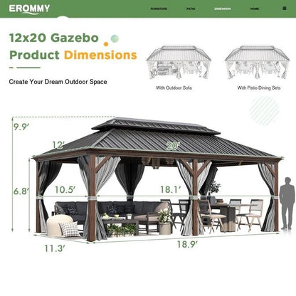 Tonnelle d'extérieur à toit rigide avec double toit en acier galvanisé et cadre en aluminium, pergola extérieure avec rideaux et filets haut de gamme