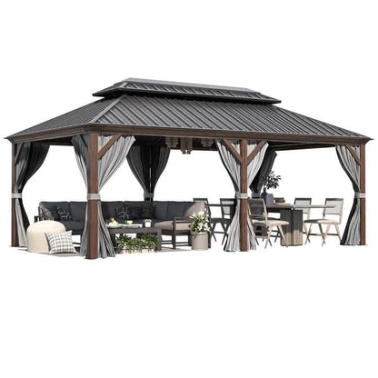 Tonnelle d'extérieur à toit rigide avec double toit en acier galvanisé et cadre en aluminium, pergola extérieure avec rideaux et filets haut de gamme