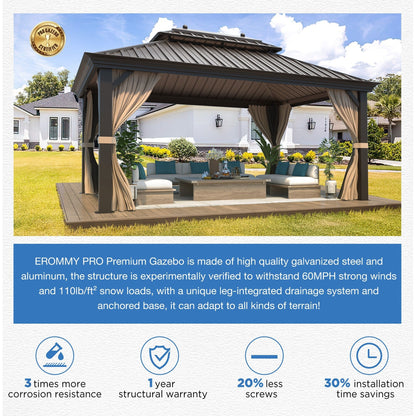 Tonnelle d'extérieur à toit rigide avec double toit en acier galvanisé et cadre en aluminium, pergola extérieure avec rideaux et filets haut de gamme