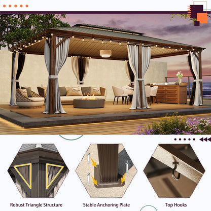 Tonnelle d'extérieur à toit rigide avec double toit en acier galvanisé et cadre en aluminium, pergola extérieure avec rideaux et filets haut de gamme