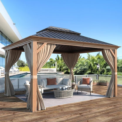 Tonnelle d'extérieur à toit rigide avec double toit en acier galvanisé et cadre en aluminium, pergola extérieure avec rideaux et filets haut de gamme