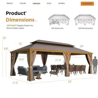 Tonnelle d'extérieur à toit rigide avec double toit en acier galvanisé et cadre en aluminium, pergola extérieure avec rideaux et filets haut de gamme