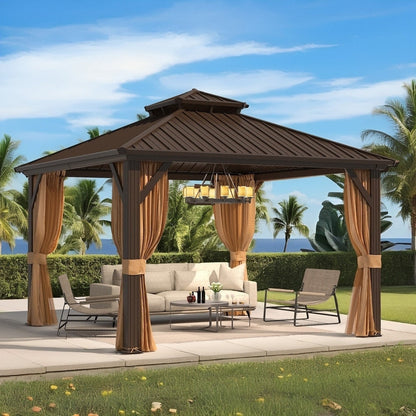 Tonnelle d'extérieur à toit rigide avec double toit en acier galvanisé et cadre en aluminium, pergola extérieure avec rideaux et filets haut de gamme