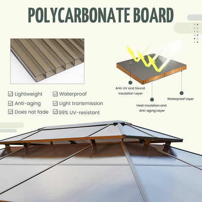 Tonnelle à toit rigide pour jardin – Pergola permanente avec filet, rideaux et double toit, abri extérieur toutes saisons