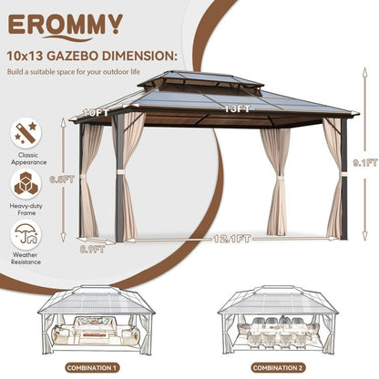 Tonnelle à toit rigide pour jardin – Pergola permanente avec filet, rideaux et double toit, abri extérieur toutes saisons