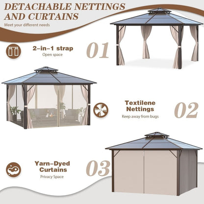 Tonnelle à toit rigide pour jardin – Pergola permanente avec filet, rideaux et double toit, abri extérieur toutes saisons