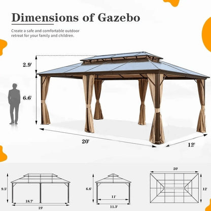 Tonnelle à toit rigide pour jardin – Pergola permanente avec filet, rideaux et double toit, abri extérieur toutes saisons