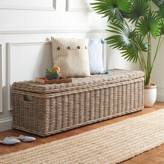 Coffre de rangement en rotin naturel gris Marcelien de SAFAVIEH - 63 x 18,1 x 18,7 - 63 L x 18 P x 19 H