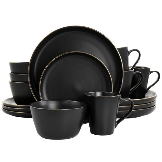 Service de table 16 pièces en grès noir avec bordure dorée